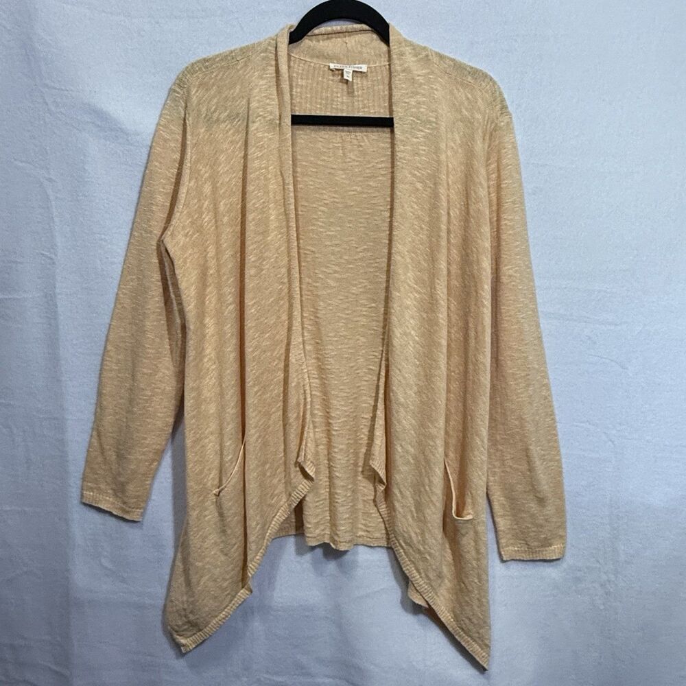 Eileen Fisher Linen Cotton Long Sleeve Open Front Orange Cardigan Pockets Size M